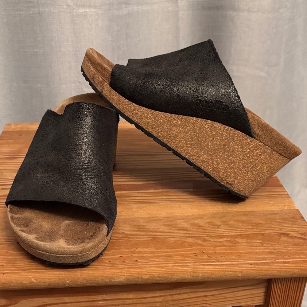 Papillio by Birkenstock. Black Cork Wedge Slide Sandals